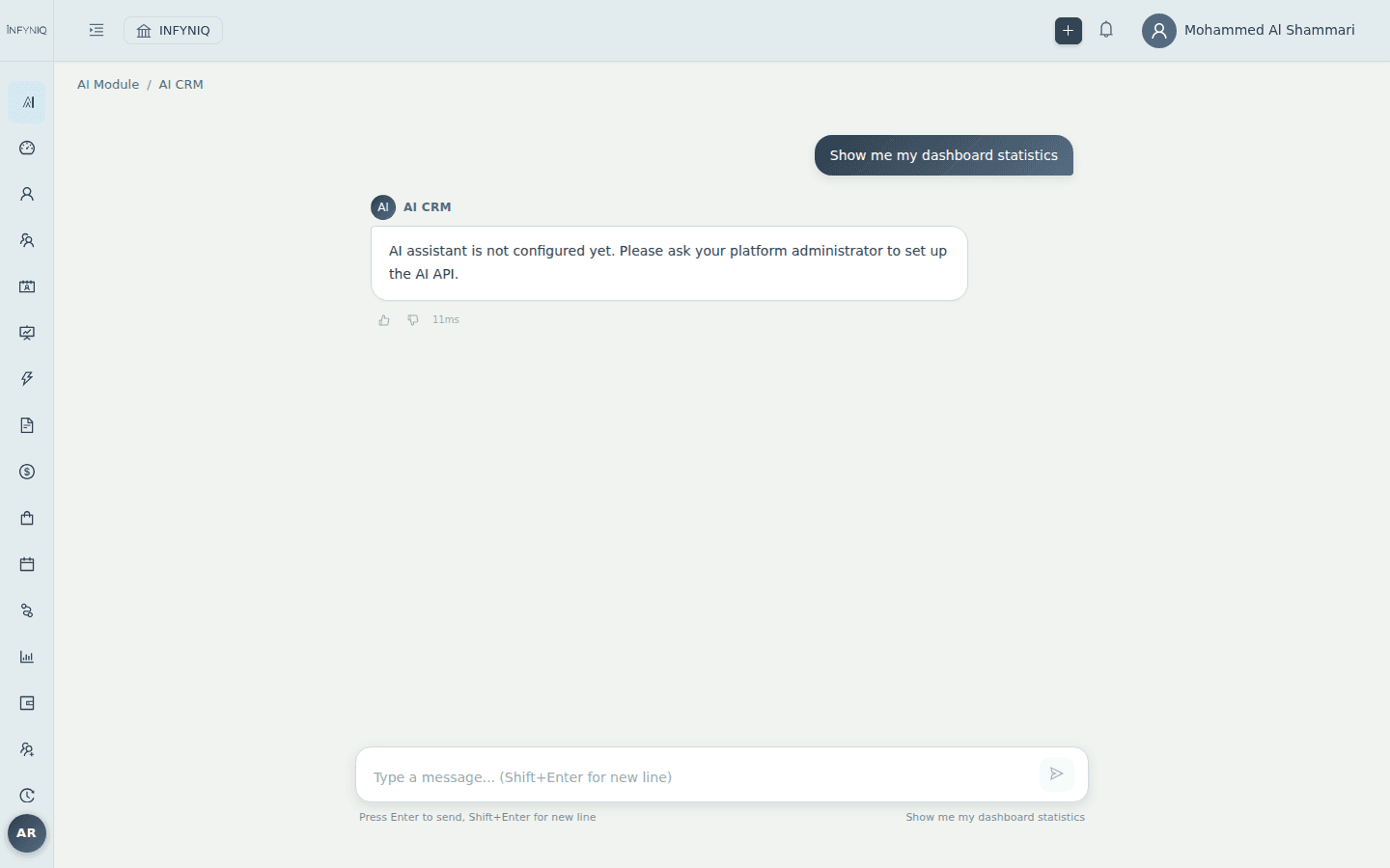 INFYNIQ AI CRM Chatbot
